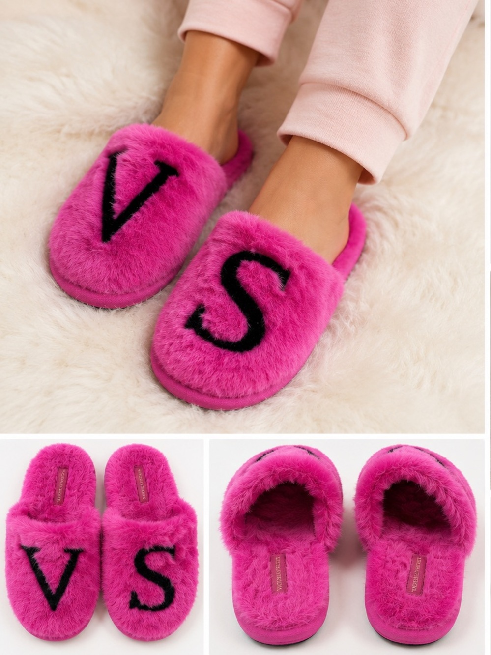 Victoria's Secret Pink Fuzzy Plush Slippers Women's Size M Monogram VS Slides